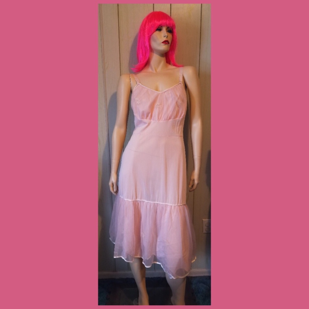 Vintage 50s Pink Glamour DBL Nylon Chiffon Slip Gown Dress